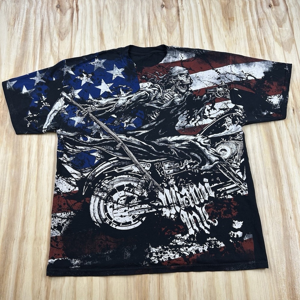 Miami Ink Tattoos Men's XL Patriotic Skull Biker Graphic AOP T Shirt Black